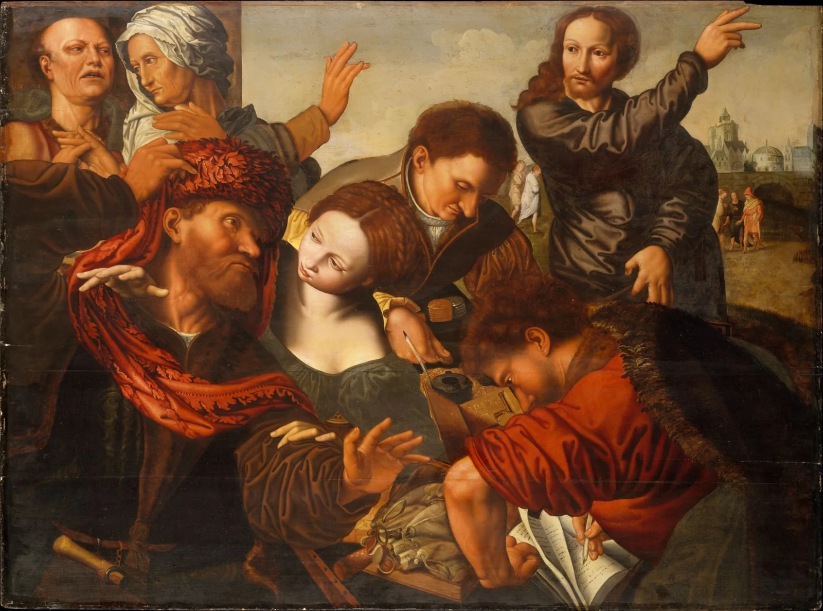 Pintura: A Vocação de São Mateus, de Jan Sanders van Hemessen, com um cobrador de impostos entre moedas, livro de contas e tinteiro